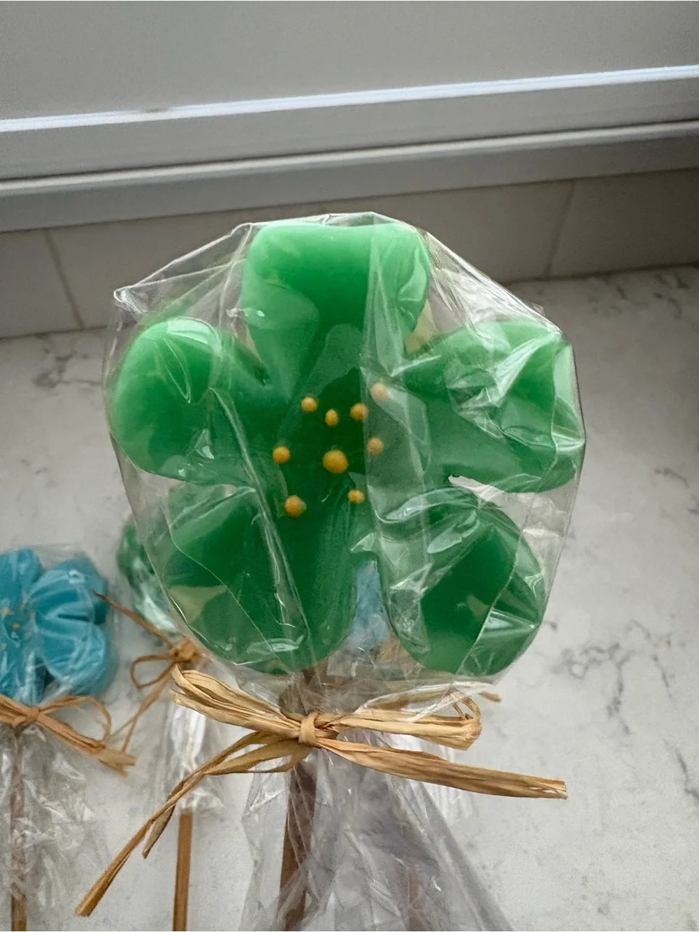 Tag Blue and Green Flower Lollipop Pick Candles - Home Party Supplies